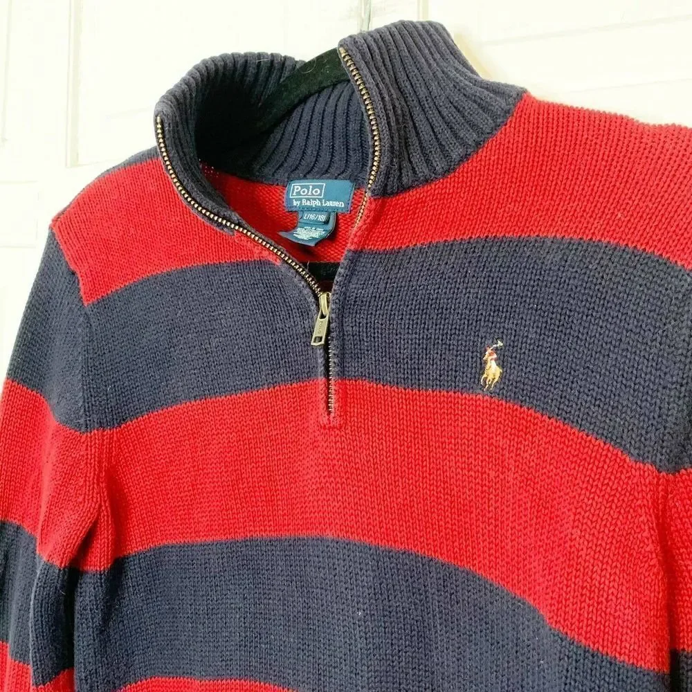 Ralph Lauren Polo Boy’s 1/4 Zip Navy Blue & Red Cotton Sweater Size Large 16-18